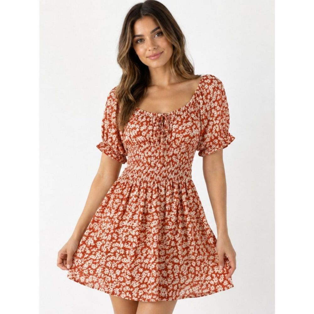 Weekend Los Angeles Orange Daisy Smocked Mini Dress M